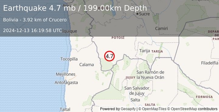 Earthquake POTOSI, BOLIVIA (4.7 mb) (2024-12-13 16:19:58 UTC)