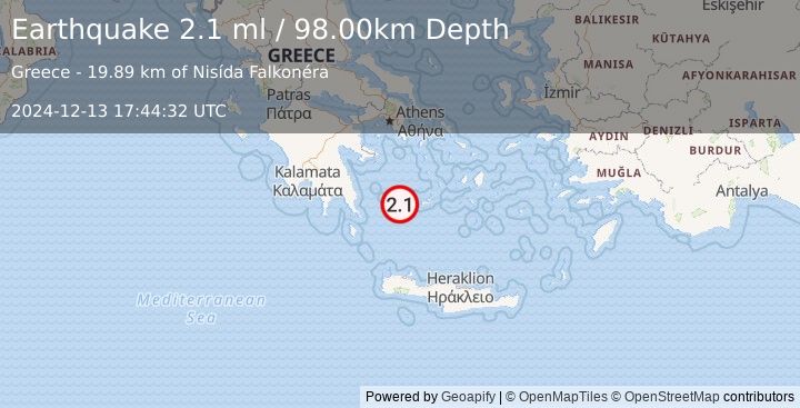 Earthquake SOUTHERN GREECE (2.1 ml) (2024-12-13 17:44:32 UTC)