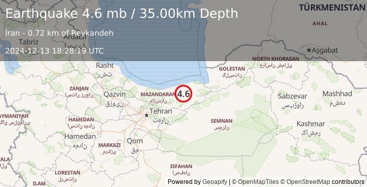 Earthquake NORTHERN IRAN (4.6 mb) (2024-12-13 18:28:19 UTC)