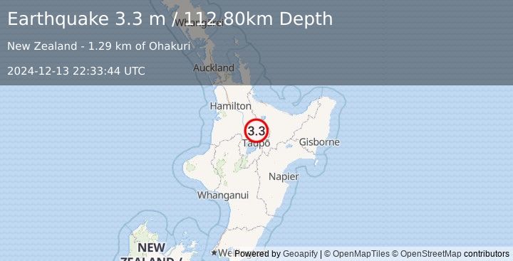 Earthquake NORTH ISLAND OF NEW ZEALAND (3.3 m) (2024-12-13 22:33:44 UTC)