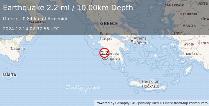 Earthquake SOUTHERN GREECE (2.2 ml) (2024-12-14 02:37:56 UTC)