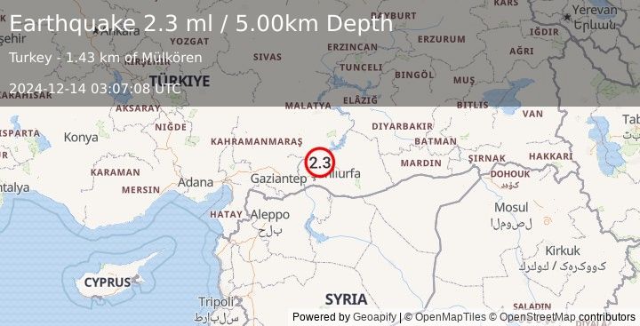 Earthquake EASTERN TURKEY (2.3 ml) (2024-12-14 03:07:08 UTC)