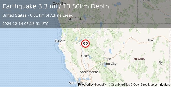 Earthquake NORTHERN CALIFORNIA (3.3 ml) (2024-12-14 03:12:51 UTC)