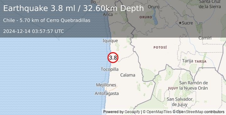 Earthquake TARAPACA, CHILE (3.8 ml) (2024-12-14 03:57:56 UTC)