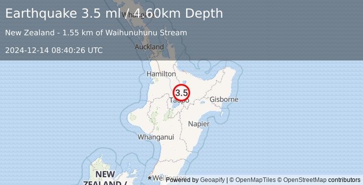 Earthquake NORTH ISLAND OF NEW ZEALAND (3.5 ml) (2024-12-14 08:40:26 UTC)