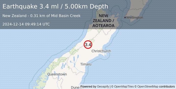 Earthquake SOUTH ISLAND OF NEW ZEALAND (3.4 ml) (2024-12-14 09:49:14 UTC)