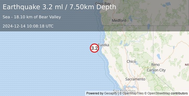 Earthquake OFFSHORE NORTHERN CALIFORNIA (3.2 ml) (2024-12-14 10:08:18 UTC)