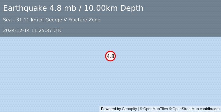 Earthquake WEST OF MACQUARIE ISLAND (4.8 mb) (2024-12-14 11:25:37 UTC)