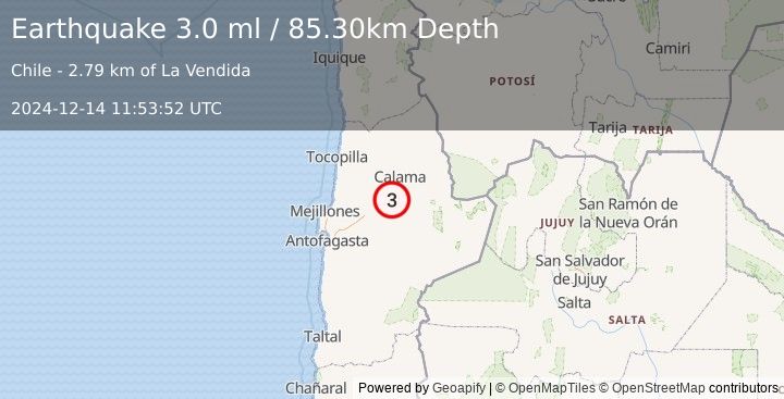 Earthquake ANTOFAGASTA, CHILE (3.0 ml) (2024-12-14 11:53:52 UTC)