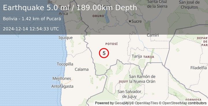 Earthquake POTOSI, BOLIVIA (5.0 mb) (2024-12-14 12:54:33 UTC)