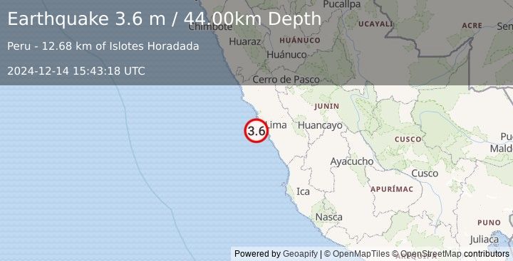 Earthquake NEAR COAST OF CENTRAL PERU (3.6 m) (2024-12-14 15:43:18 UTC)