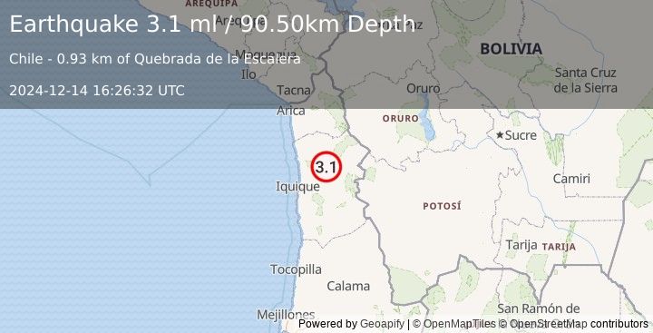 Earthquake TARAPACA, CHILE (3.1 ml) (2024-12-14 16:26:32 UTC)