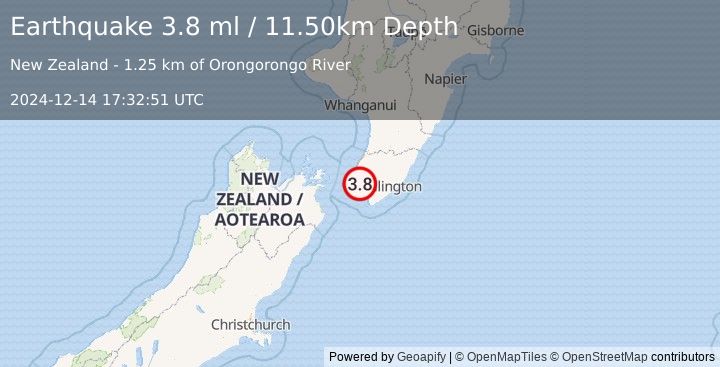 Earthquake NORTH ISLAND OF NEW ZEALAND (3.8 ml) (2024-12-14 17:32:51 UTC)