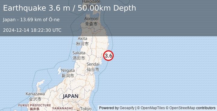 Earthquake NEAR EAST COAST OF HONSHU, JAPAN (3.6 m) (2024-12-14 18:22:30 UTC)