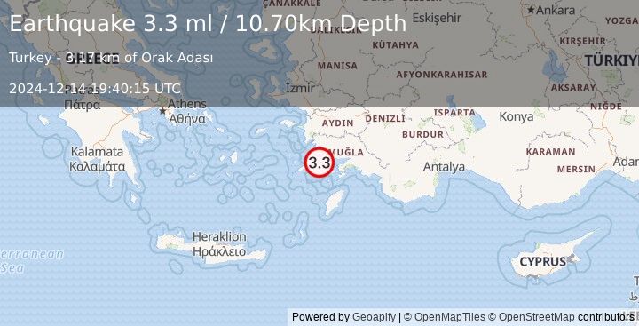 Earthquake DODECANESE IS.-TURKEY BORDER REG (3.3 ml) (2024-12-14 19:40:15 UTC)