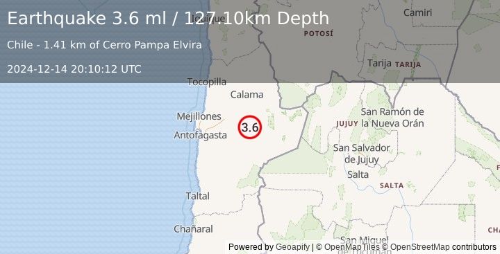 Earthquake ANTOFAGASTA, CHILE (3.6 ml) (2024-12-14 20:10:12 UTC)