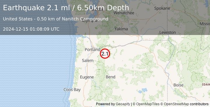 Earthquake MOUNT HOOD AREA, OREGON (2.1 ml) (2024-12-15 01:08:09 UTC)