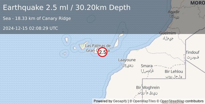 Earthquake CANARY ISLANDS, SPAIN REGION (2.5 ml) (2024-12-15 02:08:29 UTC)