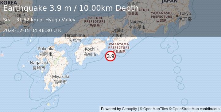 Earthquake NEAR S. COAST OF WESTERN HONSHU (3.9 m) (2024-12-15 04:46:30 UTC)