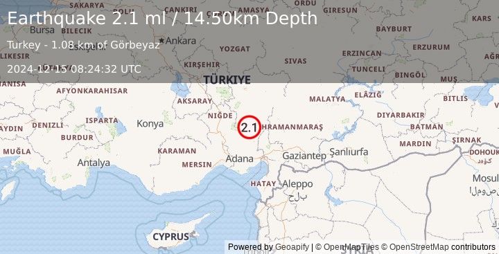 Earthquake CENTRAL TURKEY (2.1 ml) (2024-12-15 08:24:32 UTC)