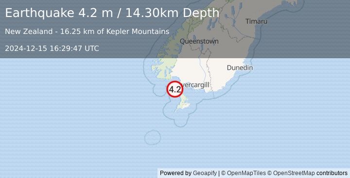 Earthquake OFF W. COAST OF S. ISLAND, N.Z. (4.2 m) (2024-12-15 16:29:47 UTC)