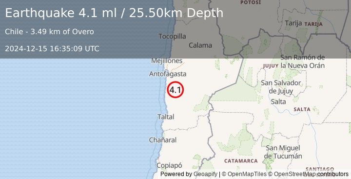 Earthquake ANTOFAGASTA, CHILE (3.9 ml) (2024-12-15 16:35:08 UTC)