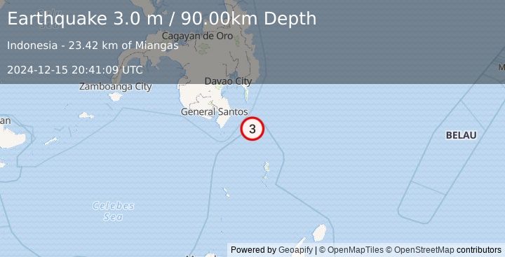 Earthquake MINDANAO, PHILIPPINES (3.0 m) (2024-12-15 20:41:09 UTC)