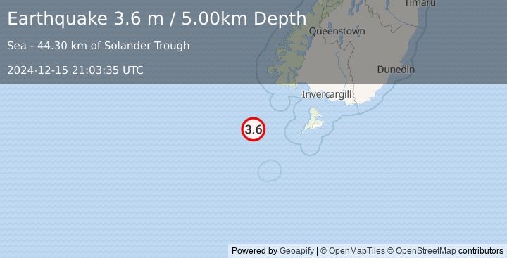 Earthquake OFF W. COAST OF S. ISLAND, N.Z. (3.6 m) (2024-12-15 21:03:35 UTC)