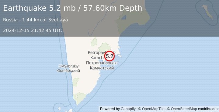 Earthquake NEAR EAST COAST OF KAMCHATKA (5.3 m) (2024-12-15 21:42:48 UTC)