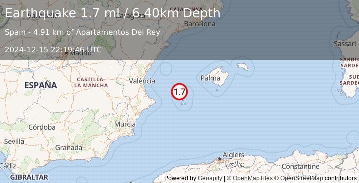 Earthquake BALEARIC ISLANDS, SPAIN (1.7 ml) (2024-12-15 22:19:46 UTC)