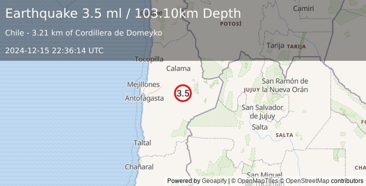 Earthquake ANTOFAGASTA, CHILE (3.5 ml) (2024-12-15 22:36:14 UTC)