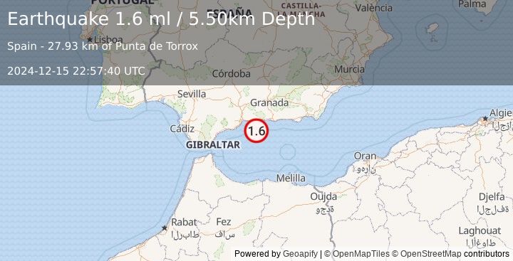 Earthquake STRAIT OF GIBRALTAR (1.6 ml) (2024-12-15 22:57:40 UTC)