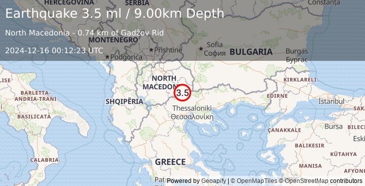 Earthquake REPUBLIC OF NORTH MACEDONIA (3.5 ml) (2024-12-16 00:12:23 UTC)