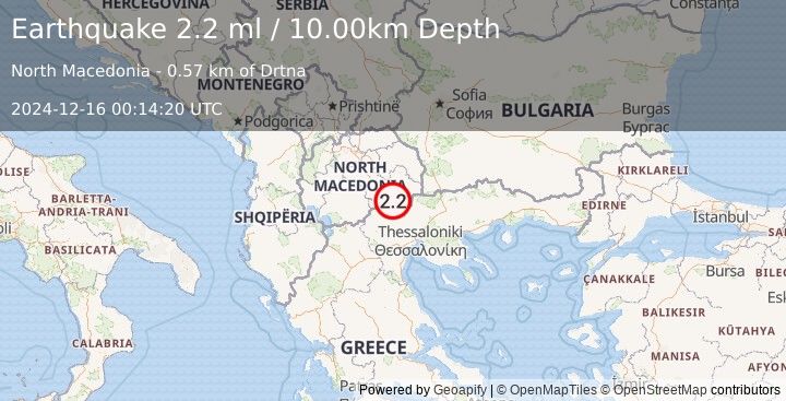 Earthquake REPUBLIC OF NORTH MACEDONIA (2.2 ml) (2024-12-16 00:14:20 UTC)