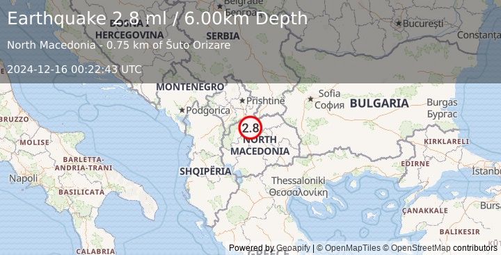 Earthquake KOSOVO-SERBIA-N MAC. BORDER REG. (2.8 ml) (2024-12-16 00:22:43 UTC)