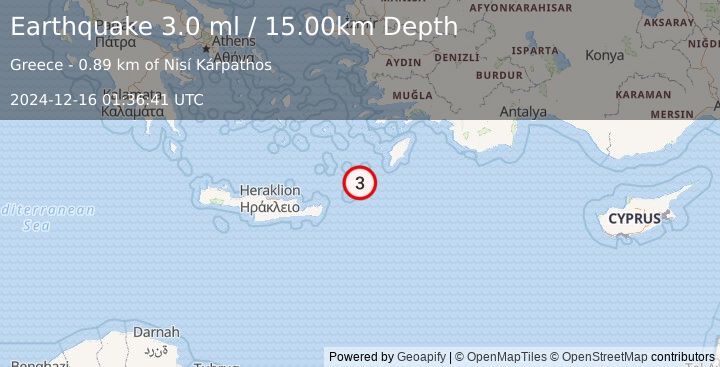 Earthquake DODECANESE ISLANDS, GREECE (3.0 ml) (2024-12-16 01:36:41 UTC)