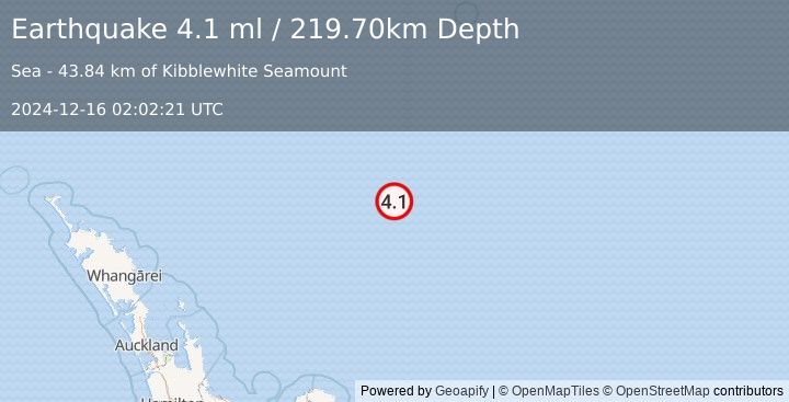 Earthquake SOUTH OF KERMADEC ISLANDS (4.1 ml) (2024-12-16 02:02:21 UTC)