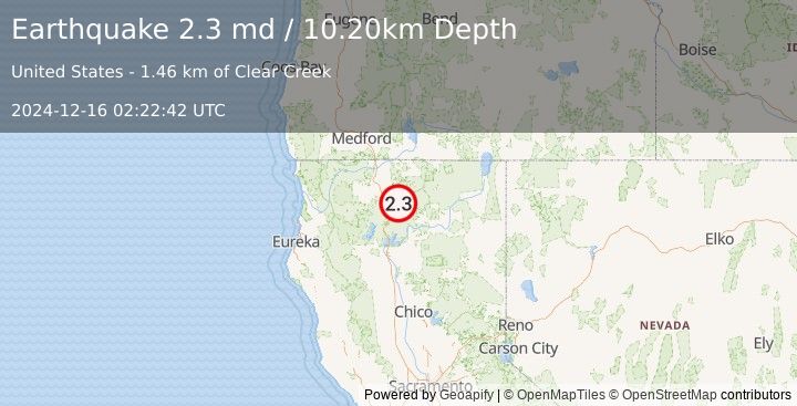 Earthquake MOUNT SHASTA AREA, CALIFORNIA (2.3 md) (2024-12-16 02:22:42 UTC)