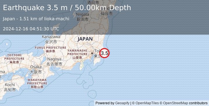 Earthquake NEAR EAST COAST OF HONSHU, JAPAN (3.5 m) (2024-12-16 04:51:30 UTC)