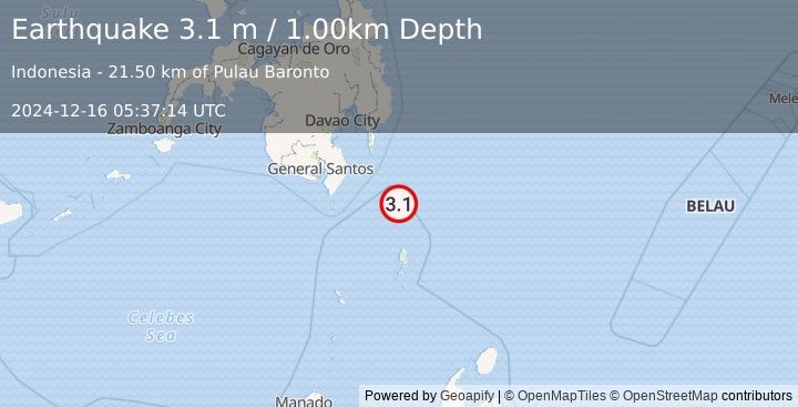 Earthquake MINDANAO, PHILIPPINES (3.1 m) (2024-12-16 05:37:14 UTC)