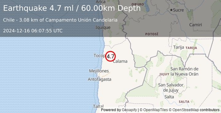 Earthquake ANTOFAGASTA, CHILE (4.7 ml) (2024-12-16 06:07:55 UTC)