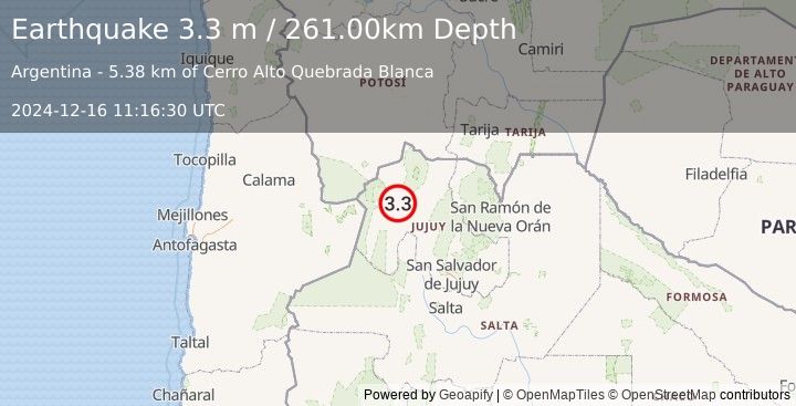 Earthquake JUJUY, ARGENTINA (3.3 m) (2024-12-16 11:16:30 UTC)