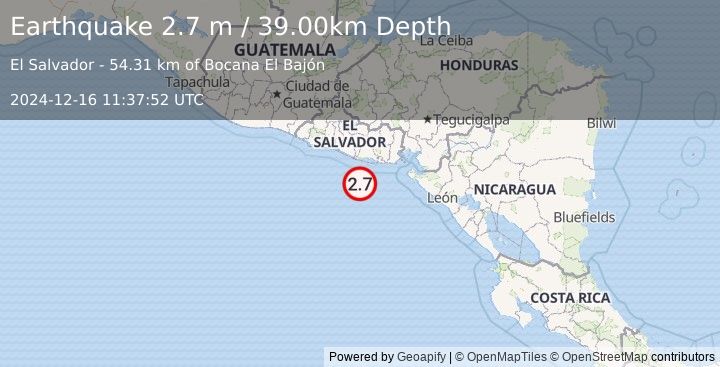 Earthquake OFFSHORE EL SALVADOR (2.7 m) (2024-12-16 11:37:52 UTC)