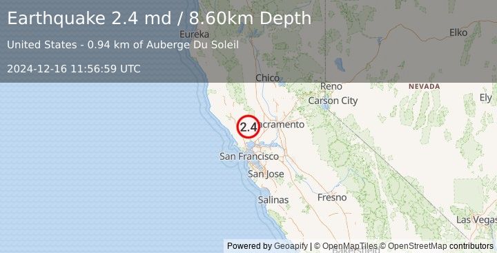 Earthquake NORTHERN CALIFORNIA (2.4 md) (2024-12-16 11:56:59 UTC)