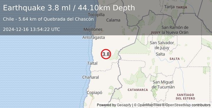 Earthquake ANTOFAGASTA, CHILE (3.8 ml) (2024-12-16 13:54:22 UTC)