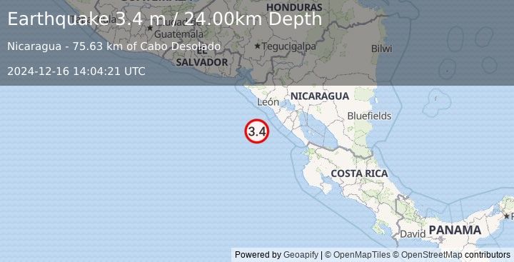 Earthquake NEAR COAST OF NICARAGUA (3.4 m) (2024-12-16 14:04:21 UTC)