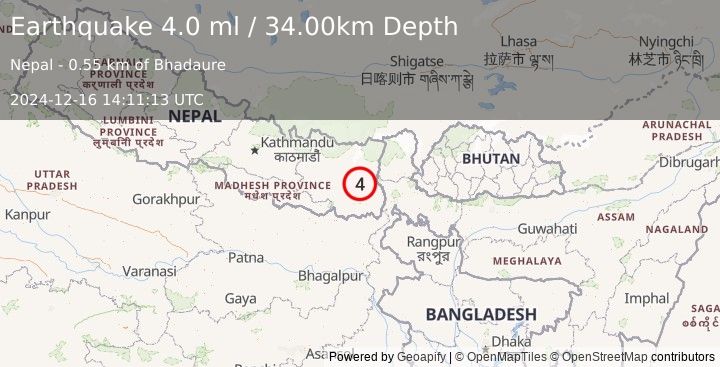 Earthquake MEGHALAYA, INDIA REGION (4.0 ml) (2024-12-16 14:10:35 UTC)