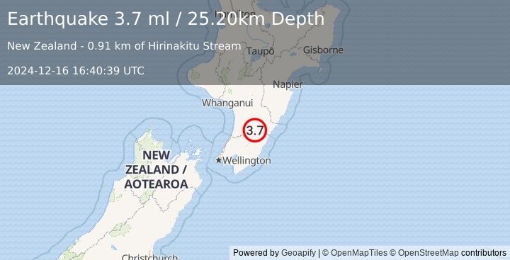 Earthquake NORTH ISLAND OF NEW ZEALAND (3.7 ml) (2024-12-16 16:40:39 UTC)