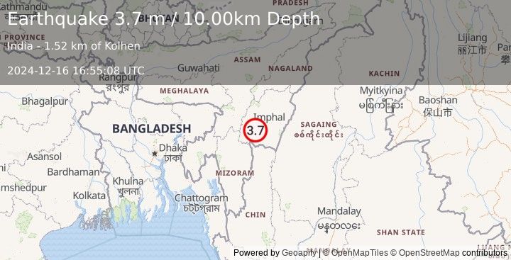 Earthquake MANIPUR, INDIA REGION (3.7 m) (2024-12-16 16:55:08 UTC)