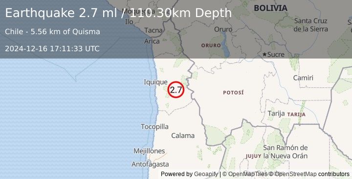 Earthquake TARAPACA, CHILE (2.7 ml) (2024-12-16 17:11:33 UTC)